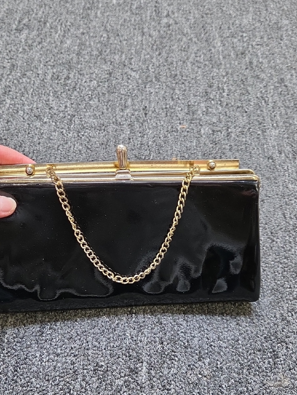 Black Patent Clutch with Gold Chain Frame